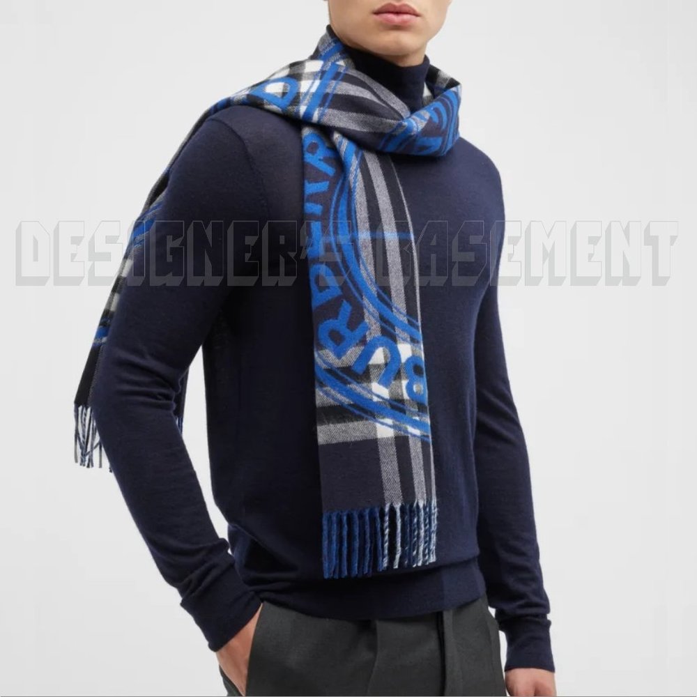 BURBERRY gray ROUNDEL GIANT CHECK reversible to blue LOGO Cashmere 12x66" Scarf - Picture 6 of 7